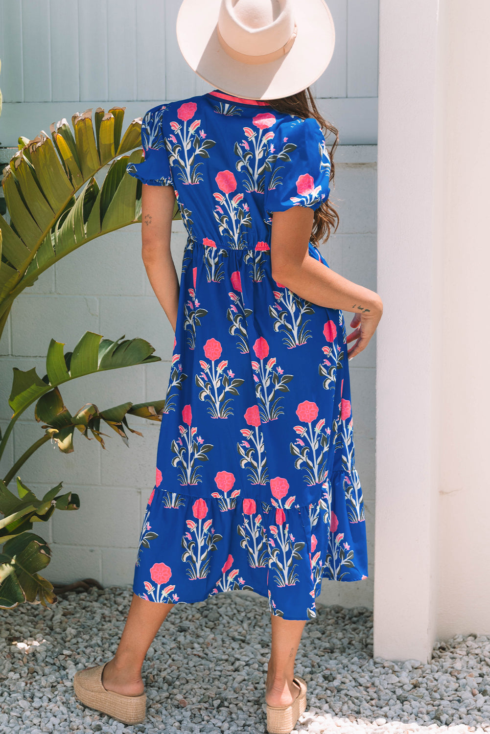Sky Blue Floral Maxi Dress Tiered V-Neck