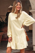 Beige Ruffle Hem Mini Dress Cozy Long Sleeve