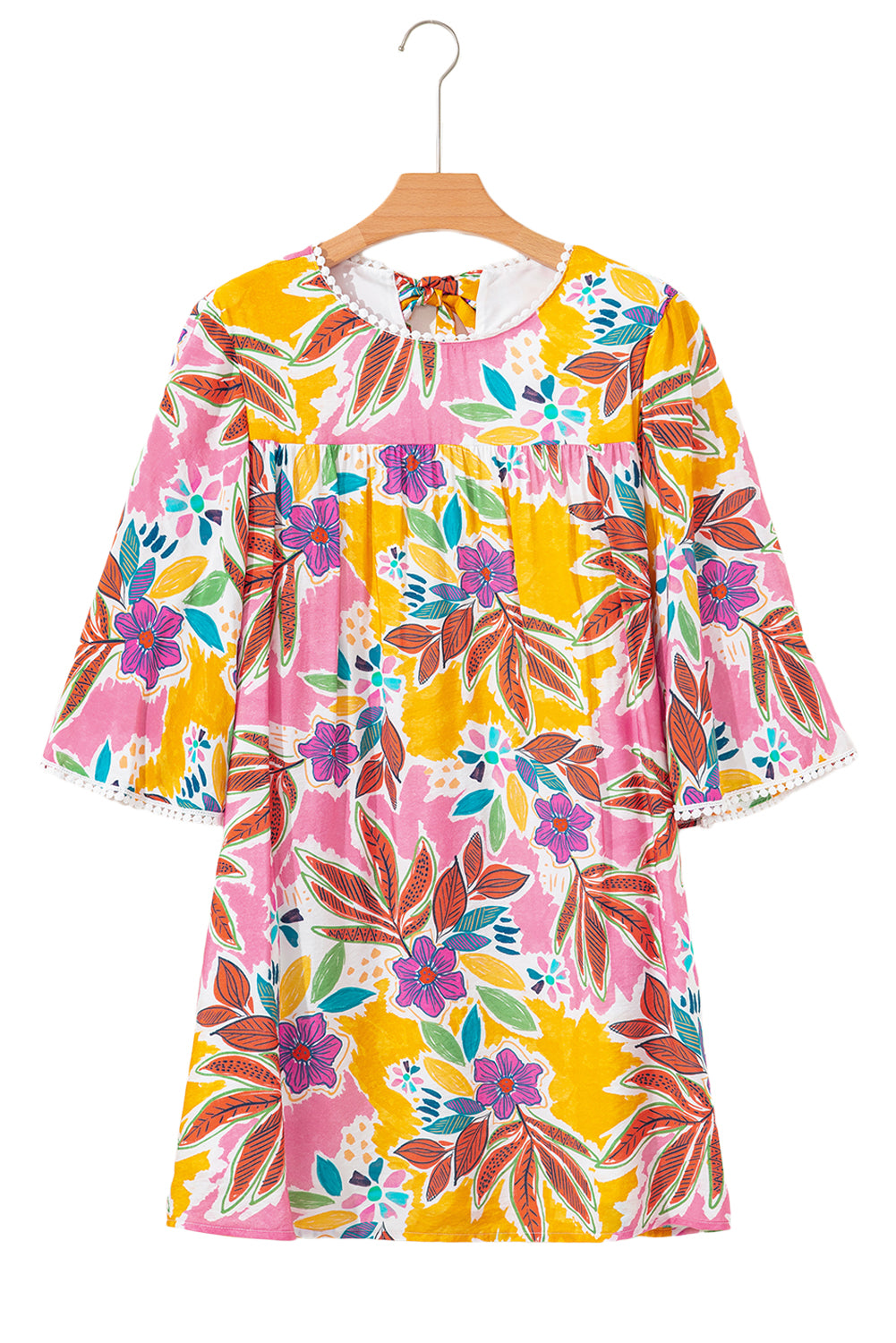 Pink Floral Swing Mini Dress Lace Trim