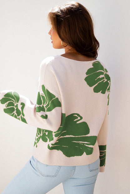 Green Flower Pattern Sweater For Women