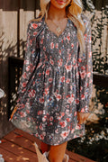 Brown Floral Mesh Mini Dress Smocked V-Neck