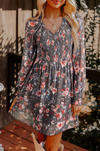 Brown Floral Mesh Mini Dress Smocked V-Neck