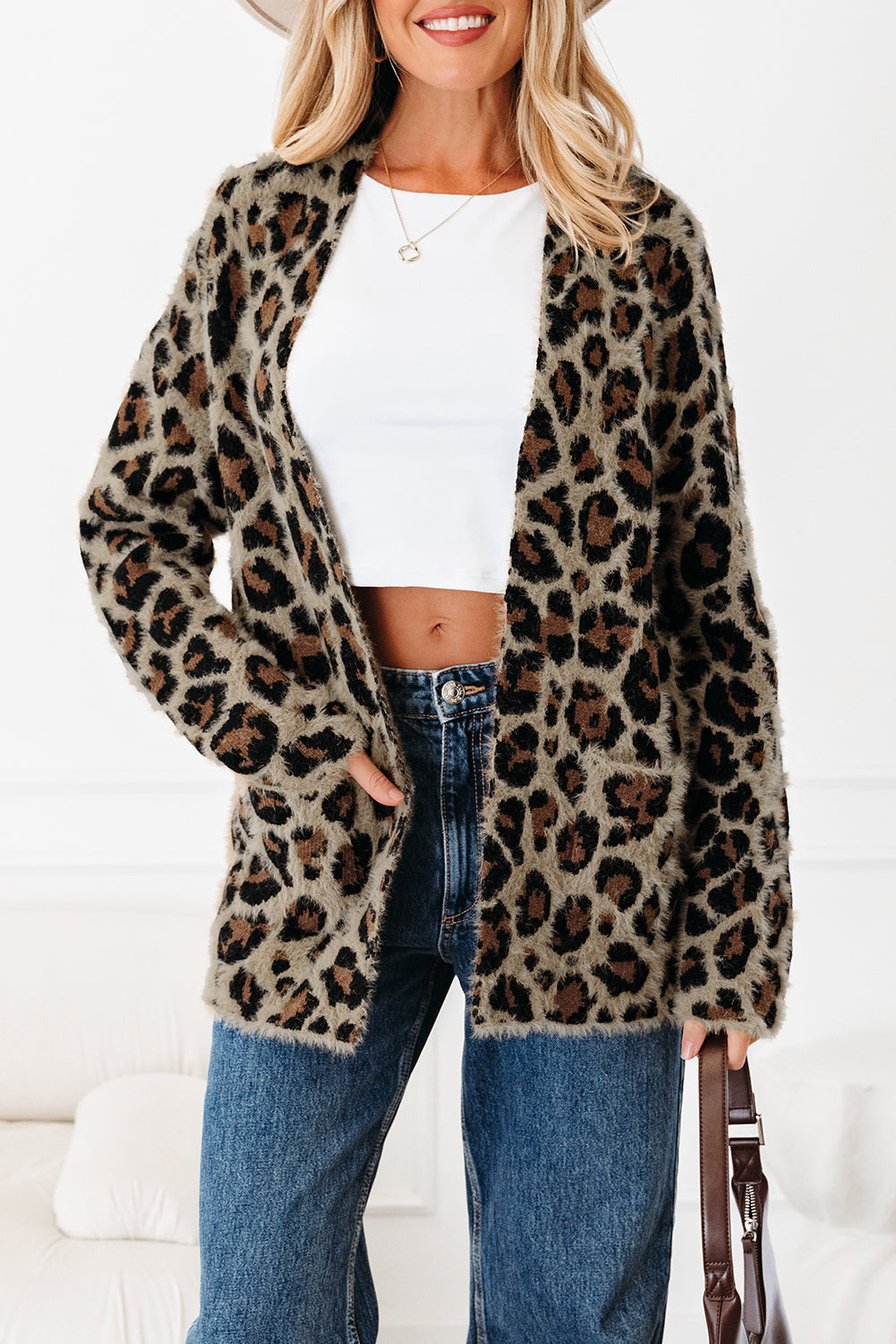 Brown Leopard Print Cardigan For Women