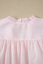Pink Stripe Contrast Trim V Neck Flutter Sleeve Blouse