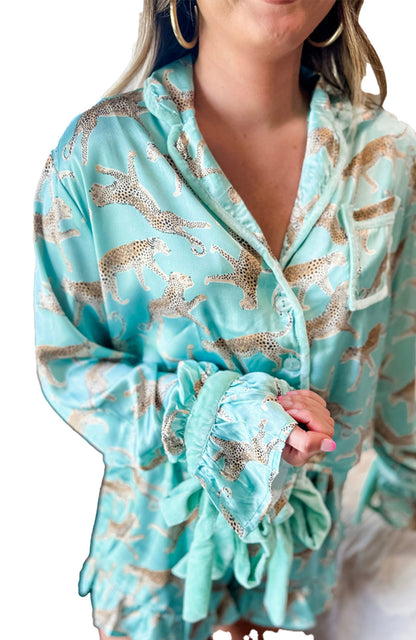Green Leopard Satin Pajama Set For Women
