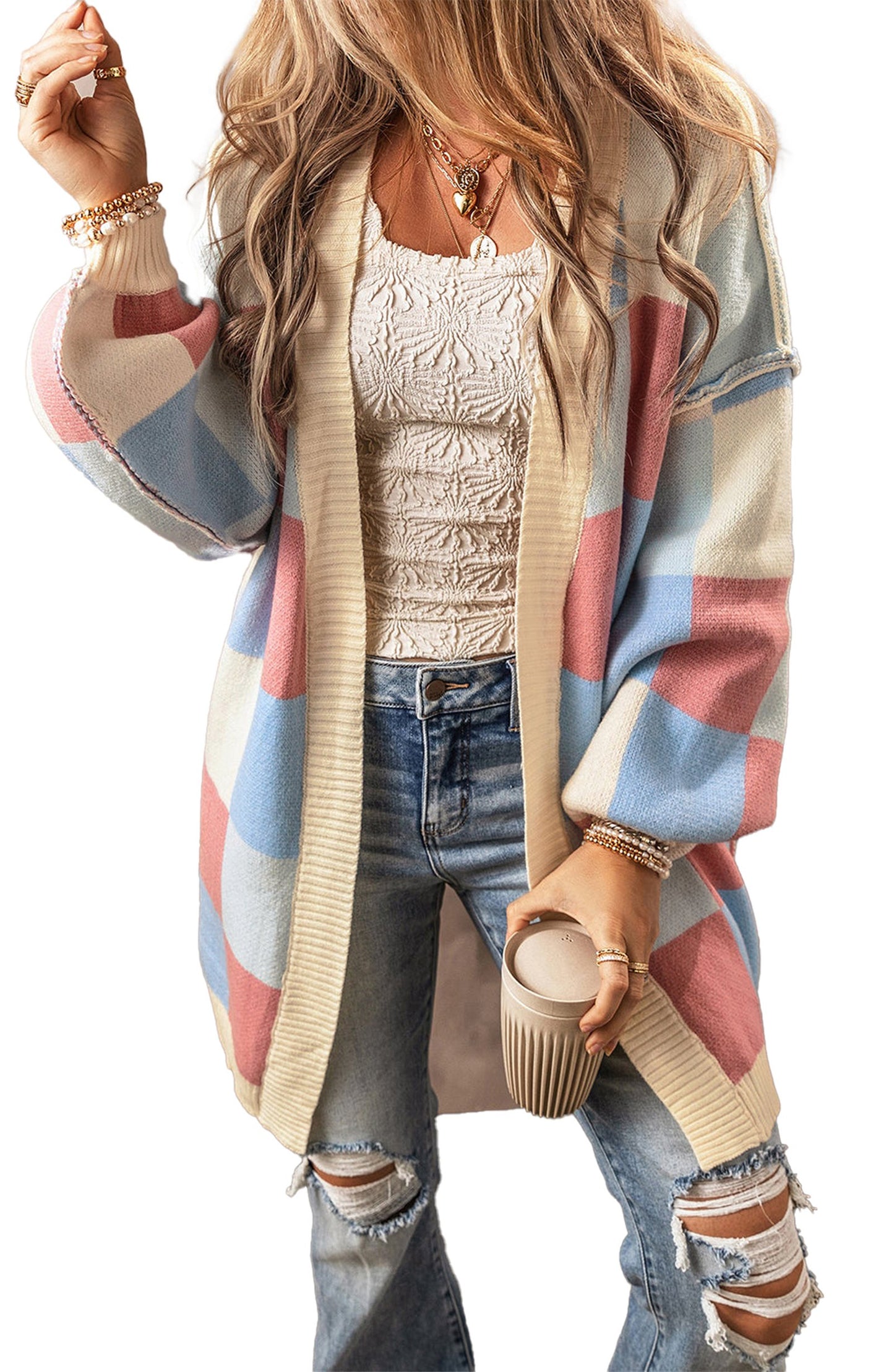 Light Blue Checkered Cardigan For Stylish Layers