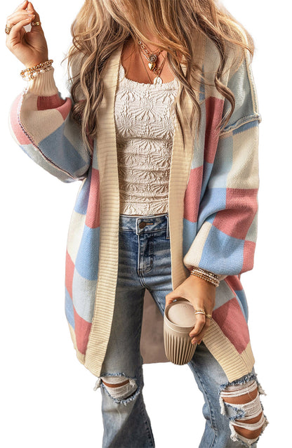 Light Blue Checkered Cardigan For Stylish Layers