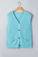 Pink Solid Color Knit V Neck Button Front Sweater Vest