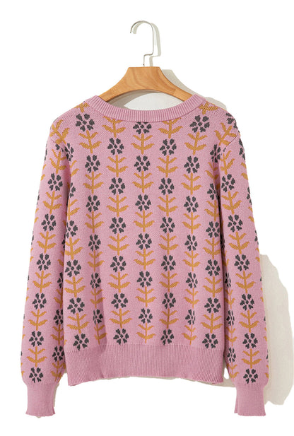 Pink Floral Cardigan Sweater For Women
