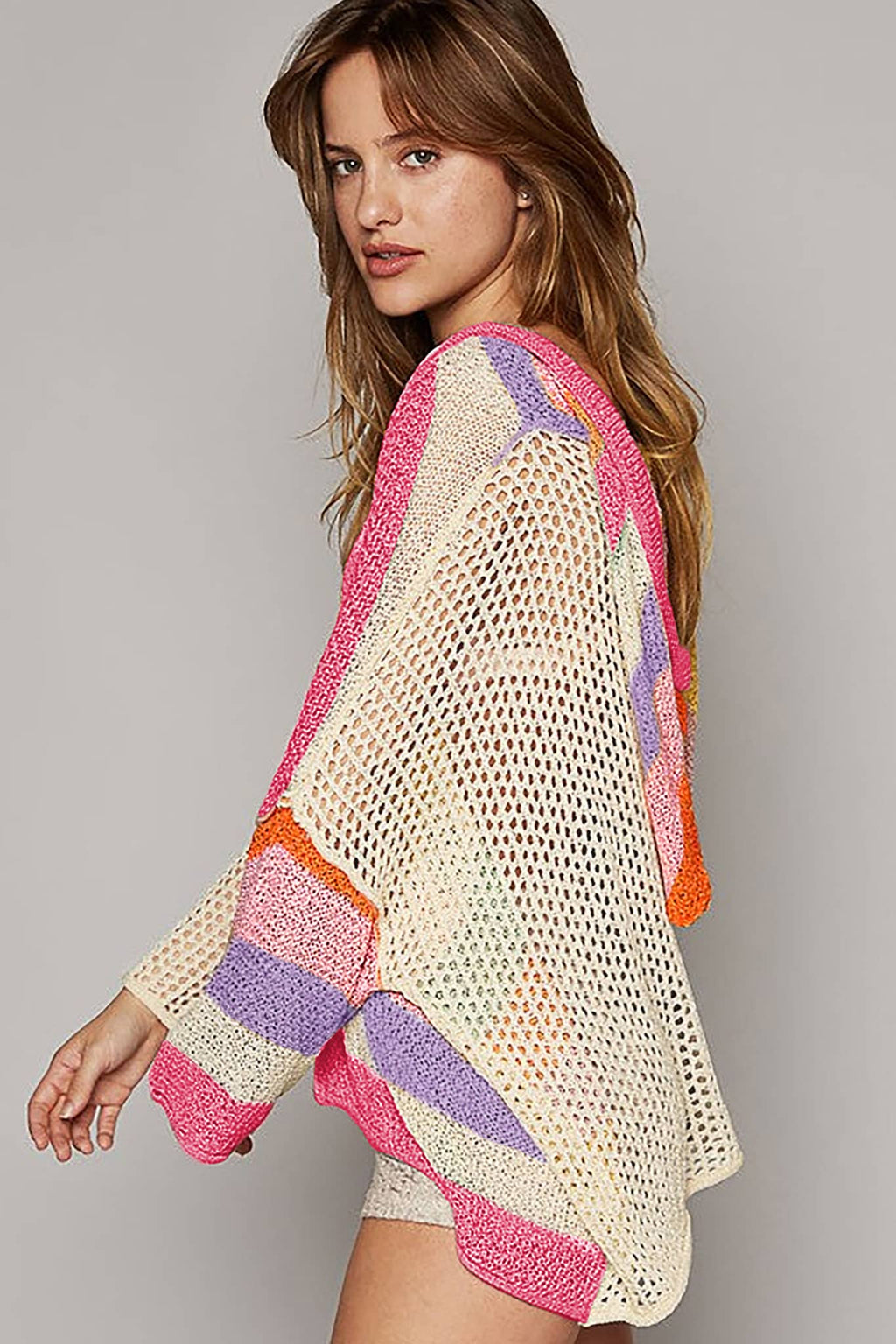 Beige Oversized Colorblock Sweater