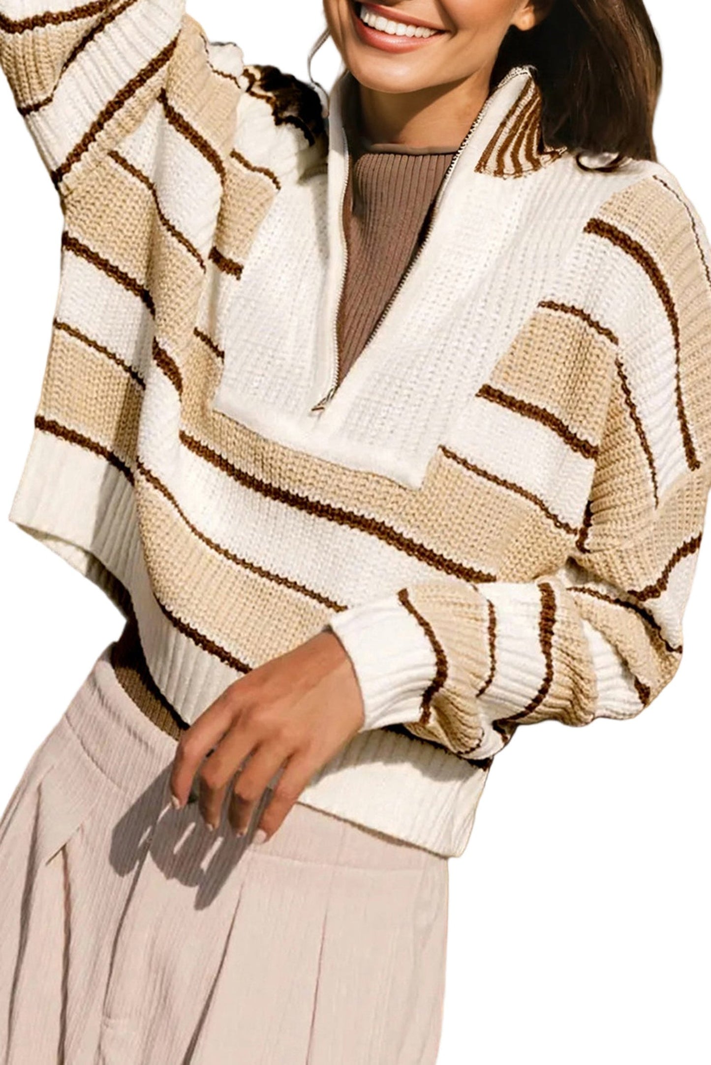 Khaki Stripe Half Zip Drop Shoulder Womens Sweater