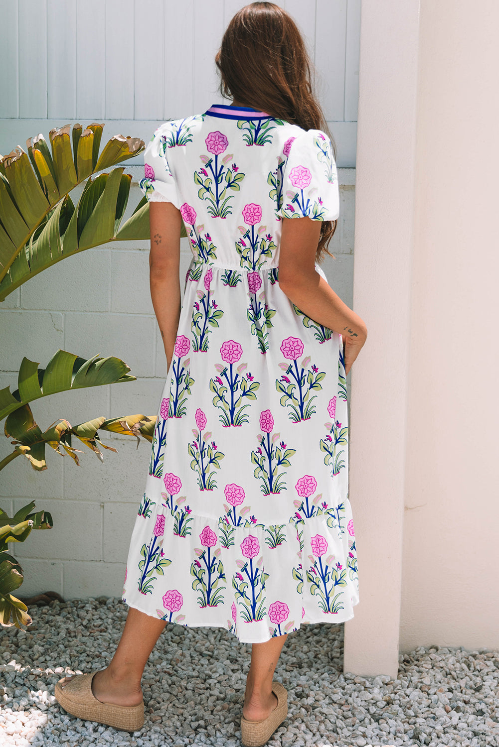 Sky Blue Floral Maxi Dress Tiered V-Neck