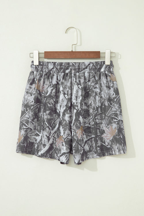 Pantalón Corto Elástico con Estampado de Hojas de Arce Abstractas Grises