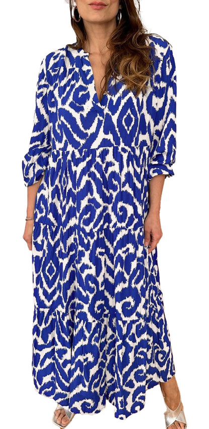 Orange Geometric Maxi Dress, Flowy Boho Tiered