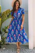 Sky Blue Floral Maxi Dress Tiered V-Neck
