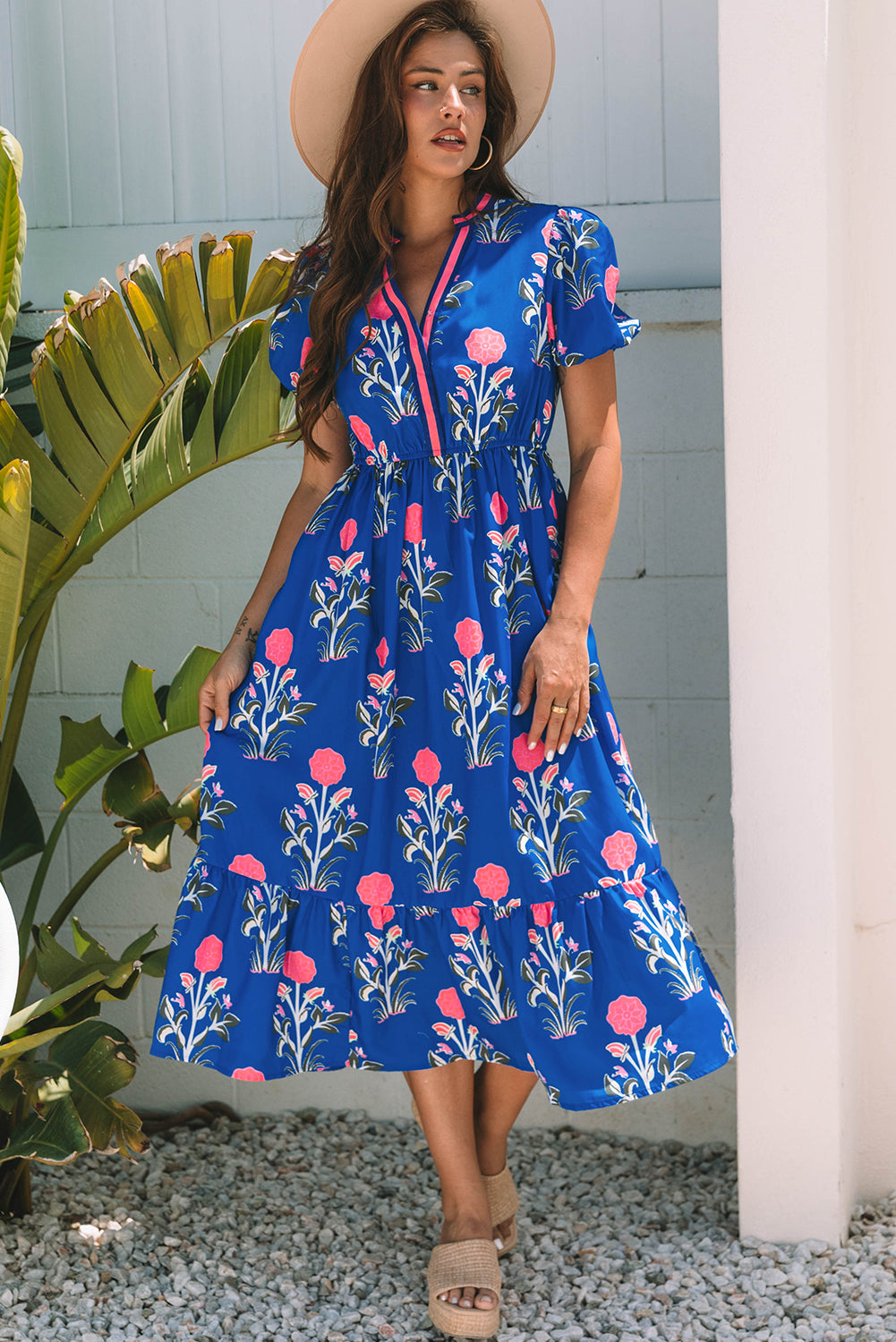 Sky Blue Floral Maxi Dress Tiered V-Neck