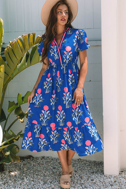 Sky Blue Floral Maxi Dress Tiered V-Neck