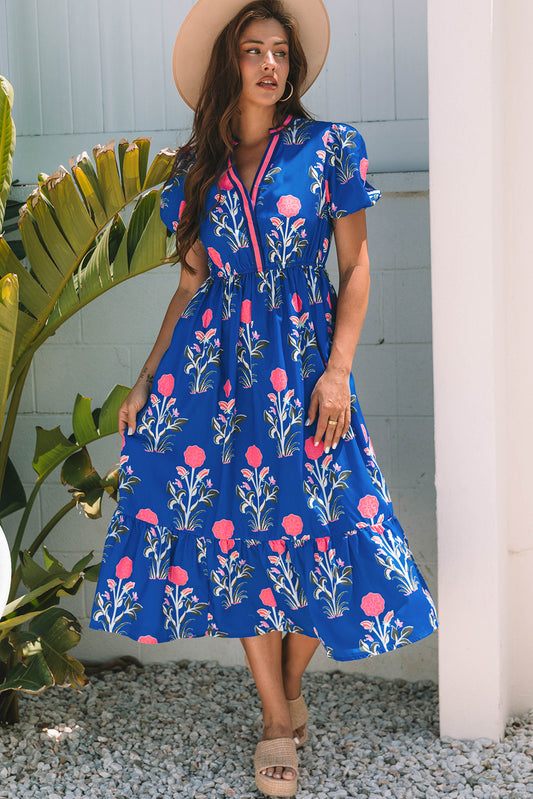 Sky Blue Floral Maxi Dress Tiered V-Neck