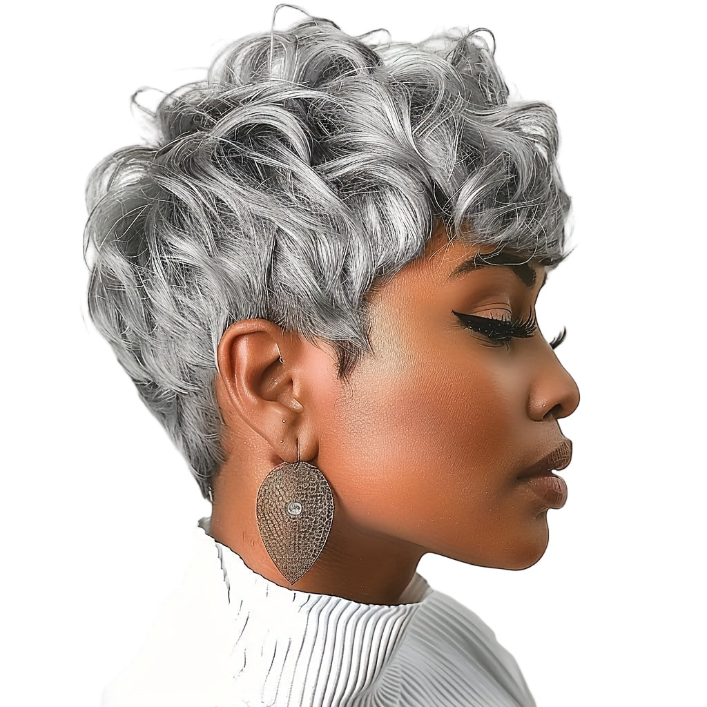 Short curly pixie cut wig in silver with soft curls for a stylish look from LuckeLadybug LLC