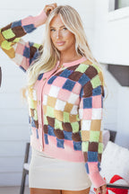 Multicolor Checkered Cardigan Sweater
