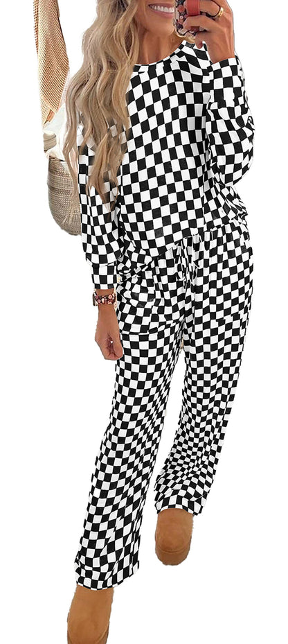 Beige Checkered Lounge Set For Cozy Comfort