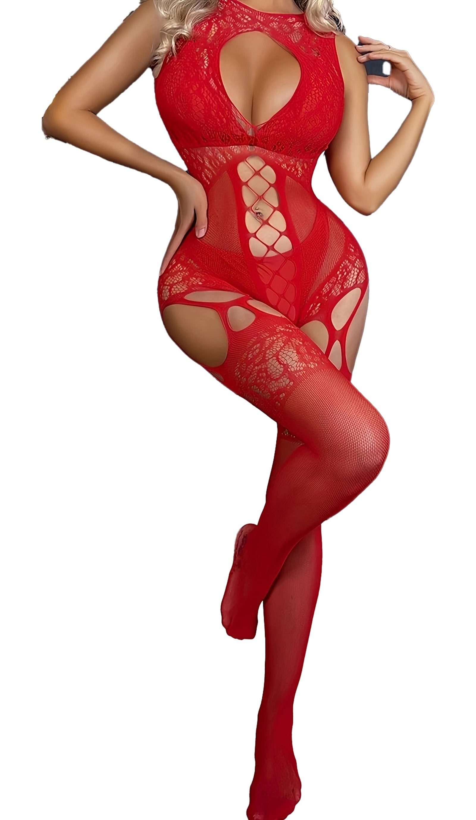 Floral Lace Backless Bodystocking - Open Crotch Feature
