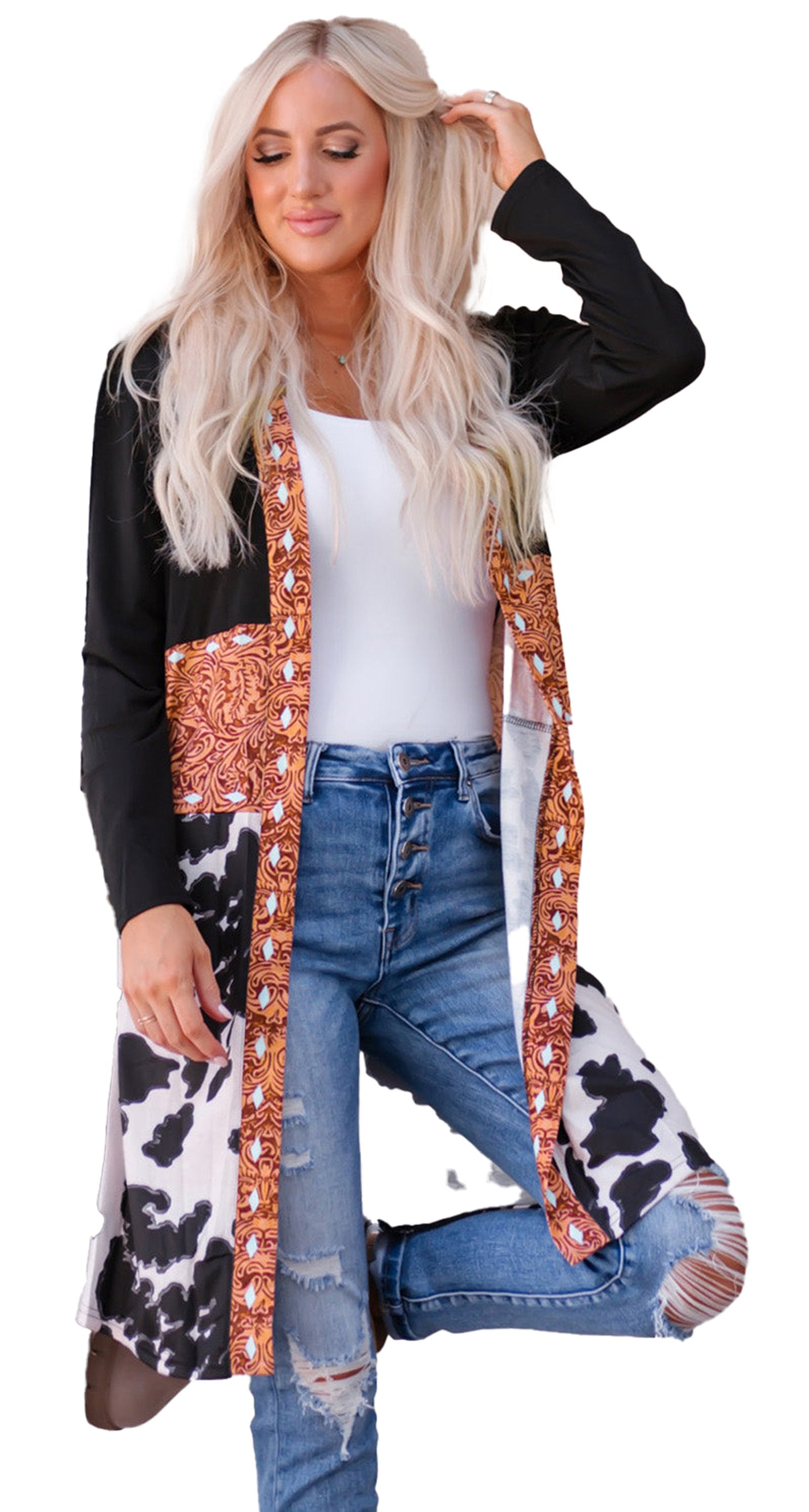 Black Western Cow Print Cardigan