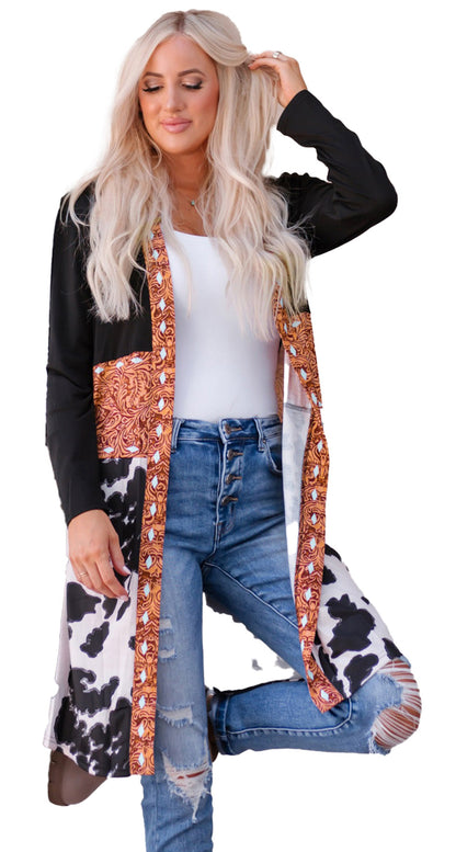 Black Western Cow Print Cardigan