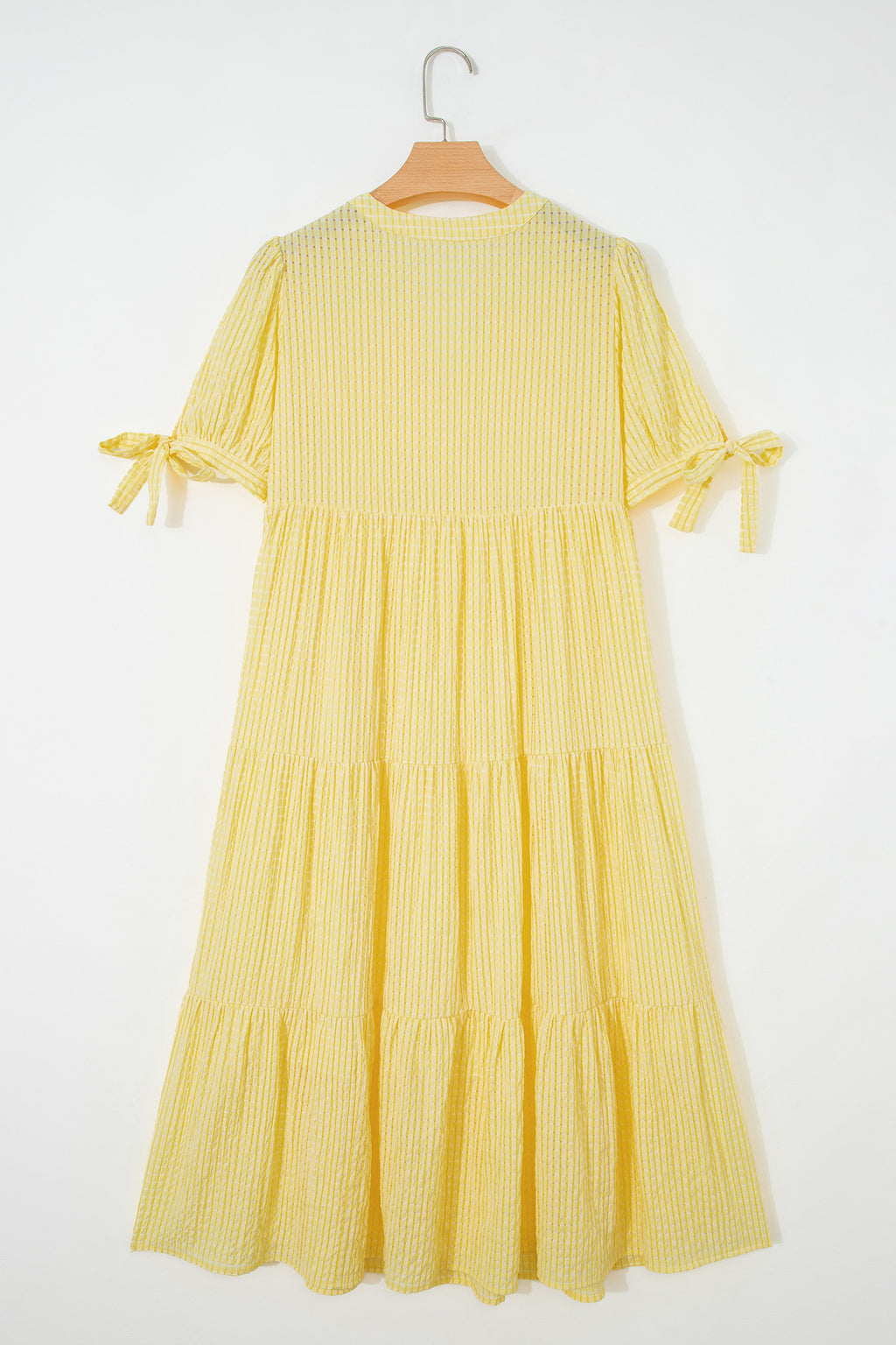 Dusk Blue Gingham Textured Bow Tie Short Sleeve Tiered Midi Dress
