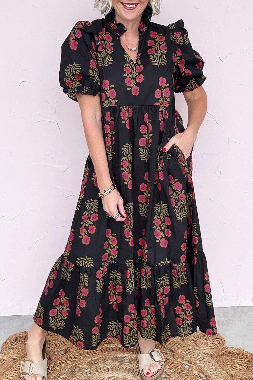 Beige Floral Short Bubble Sleeve Tiered Maxi Dress