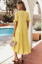 Dusk Blue Gingham Textured Bow Tie Short Sleeve Tiered Midi Dress