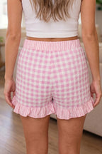 Red Gingham Print Ruffle Striped Detail Lace Tie Shorts