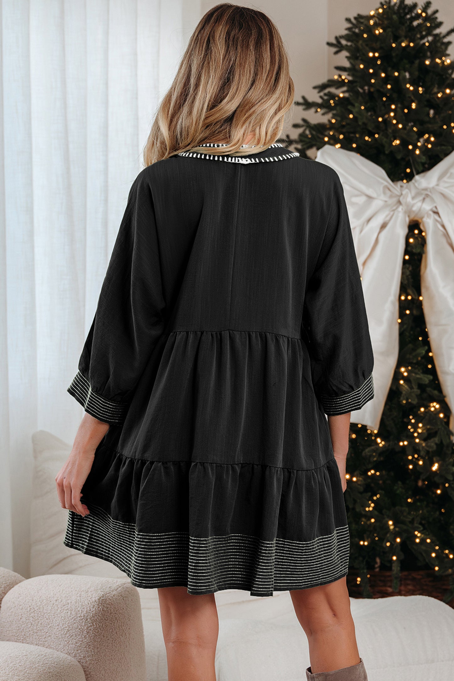 Black Contrast Stitch Mini Dress Tiered V-Neck