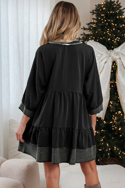 Black Contrast Stitch Mini Dress Tiered V-Neck