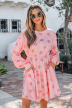 Pink Polka Dot Printed Long Sleeve Flared Mini Dress