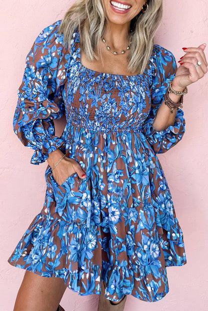 Blue Floral Smocked Dress Puff Sleeve Mini