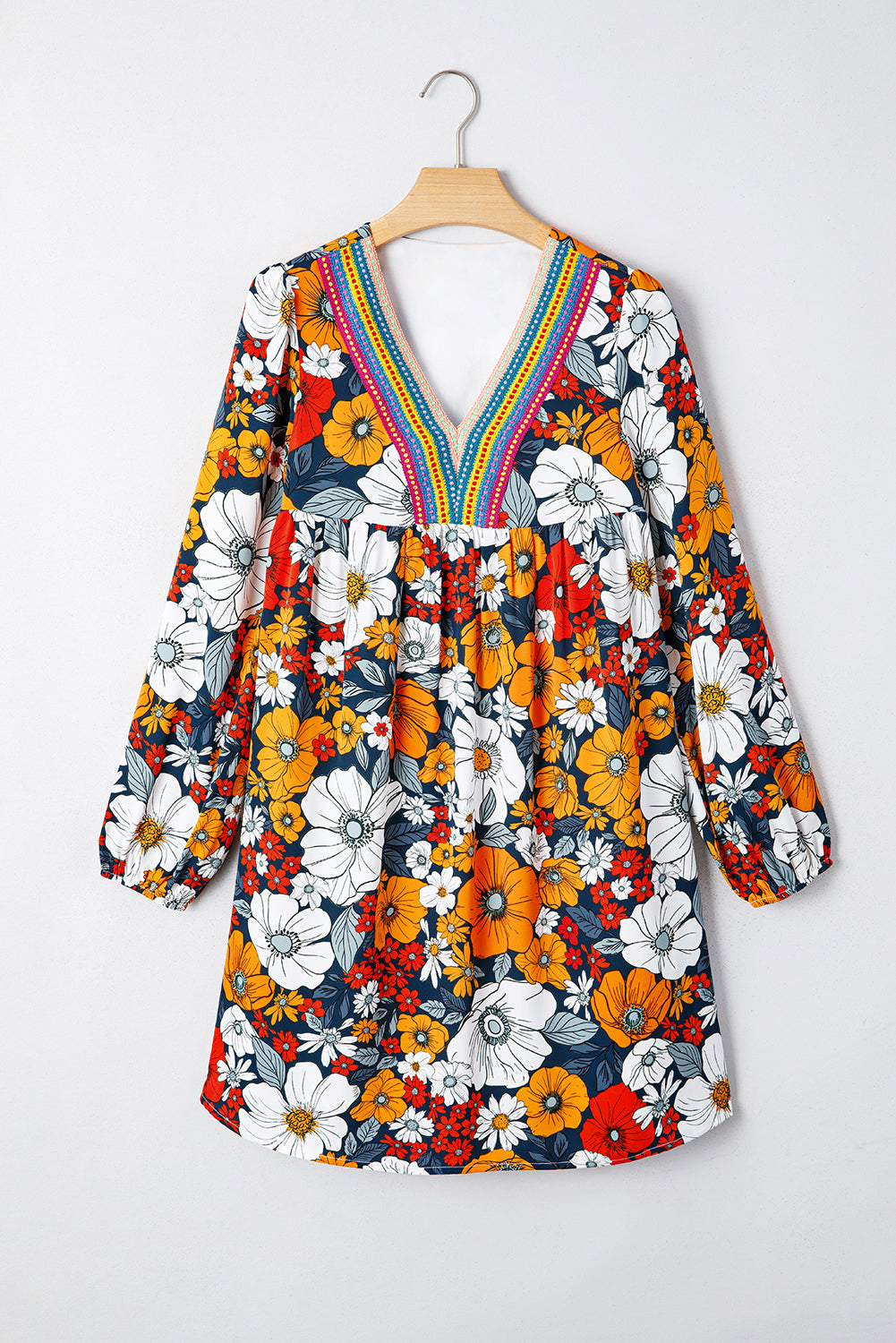 Orange Floral Mini Dress Boho V-Neck