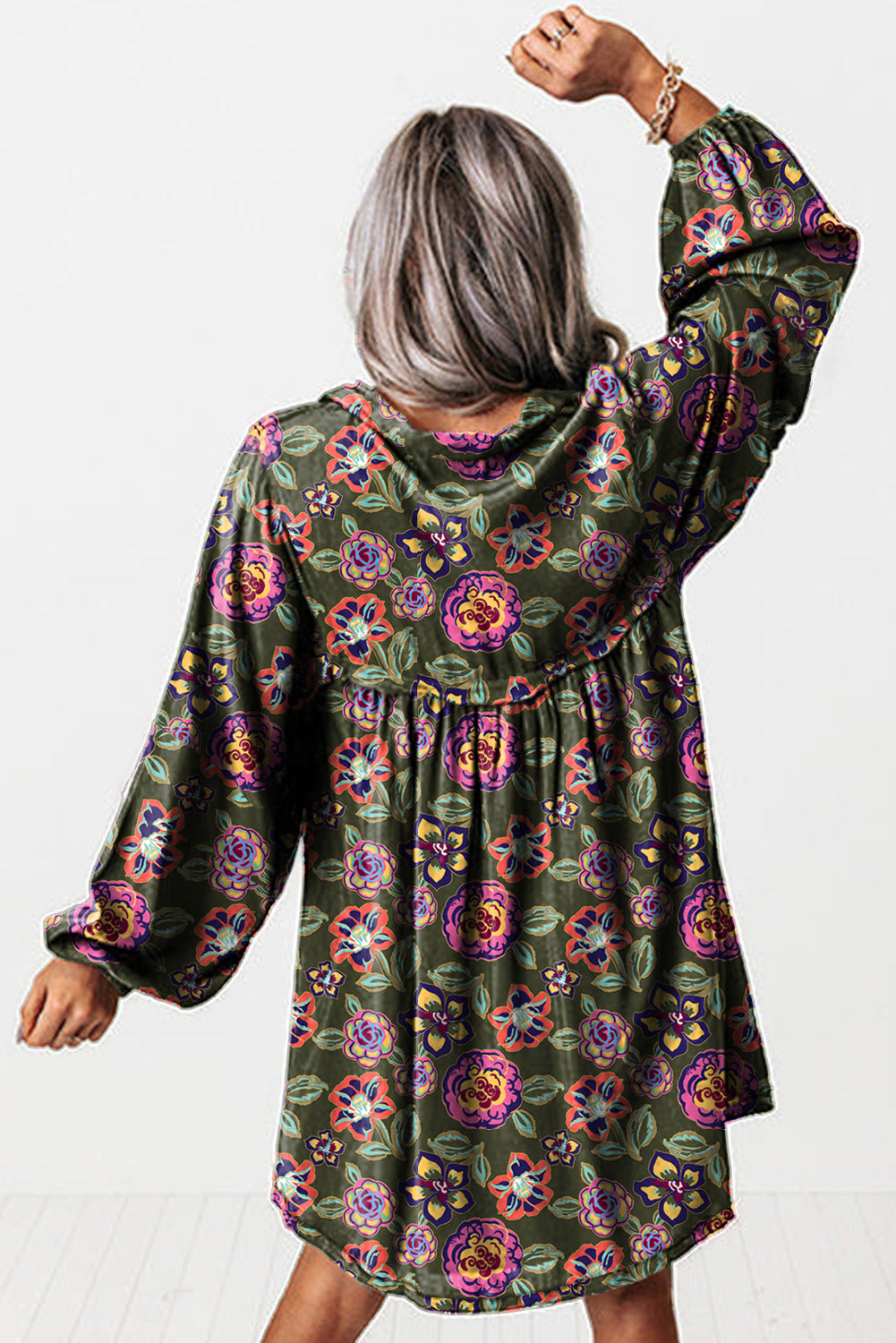 Green Floral Mini Dress Long Sleeve Pockets