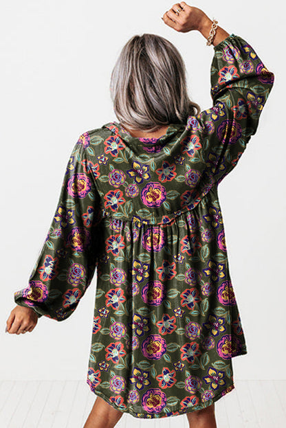 Green Floral Mini Dress Long Sleeve Pockets
