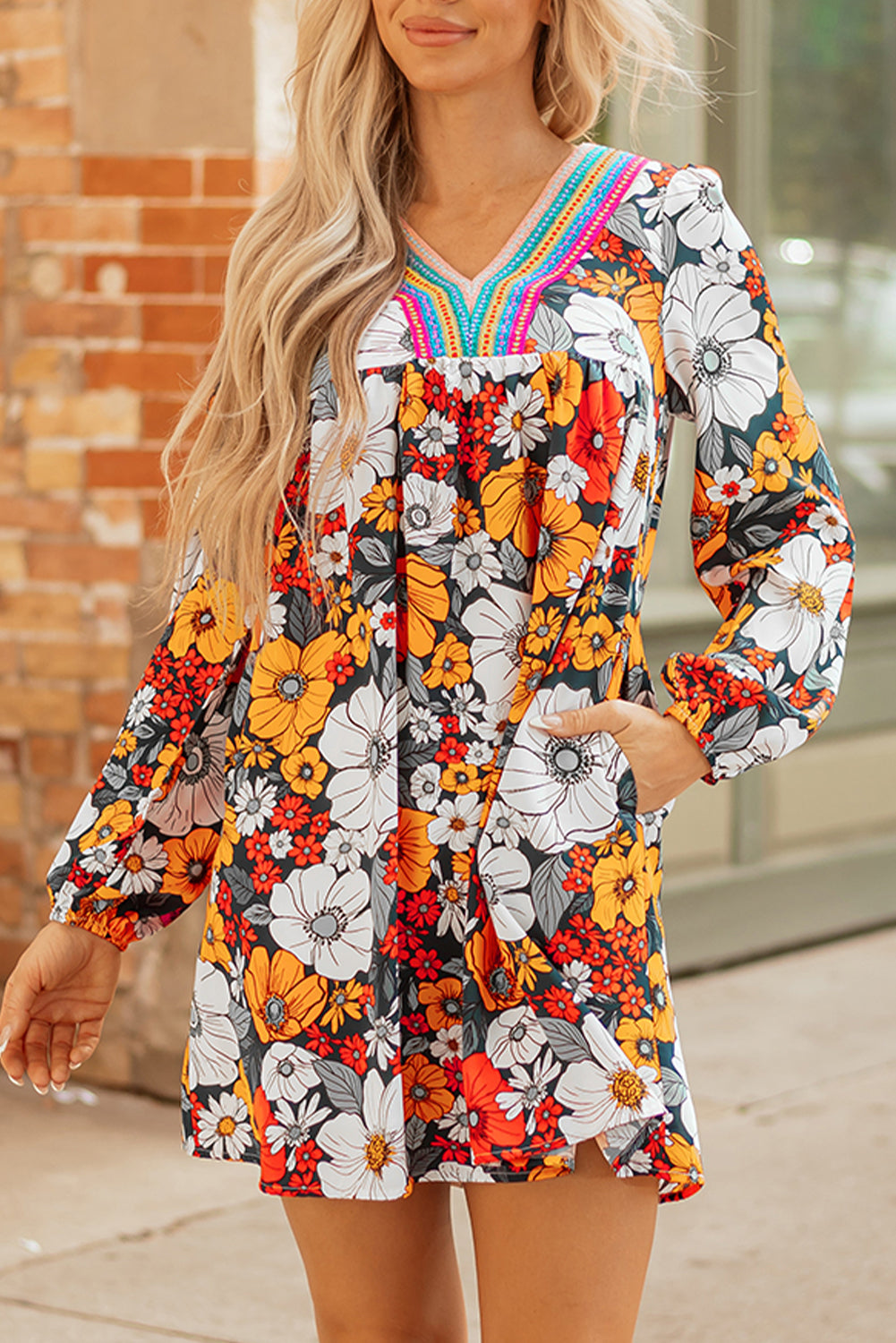Orange Floral Mini Dress Boho V-Neck