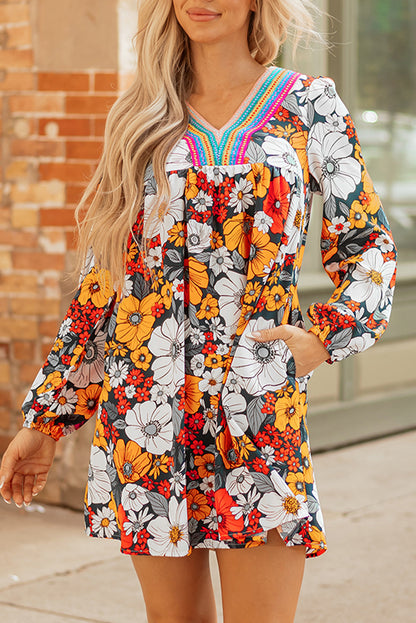 Orange Floral Mini Dress Boho V-Neck