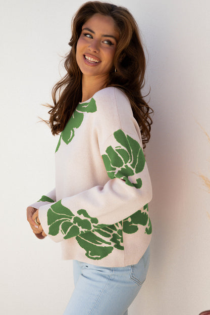 Green Flower Pattern Sweater For Women