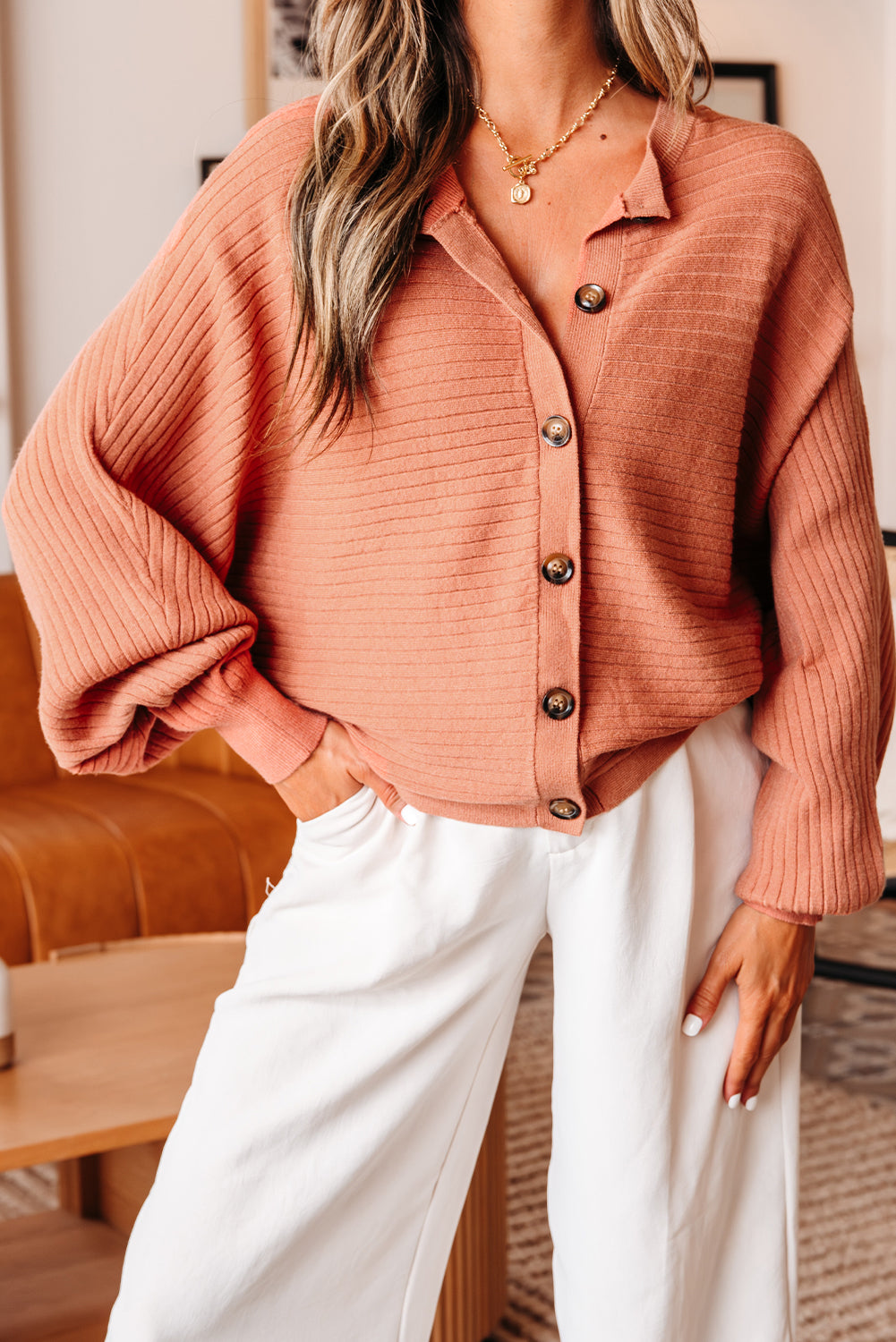 Apricot Pink Knit Cardigan For Trendy Looks