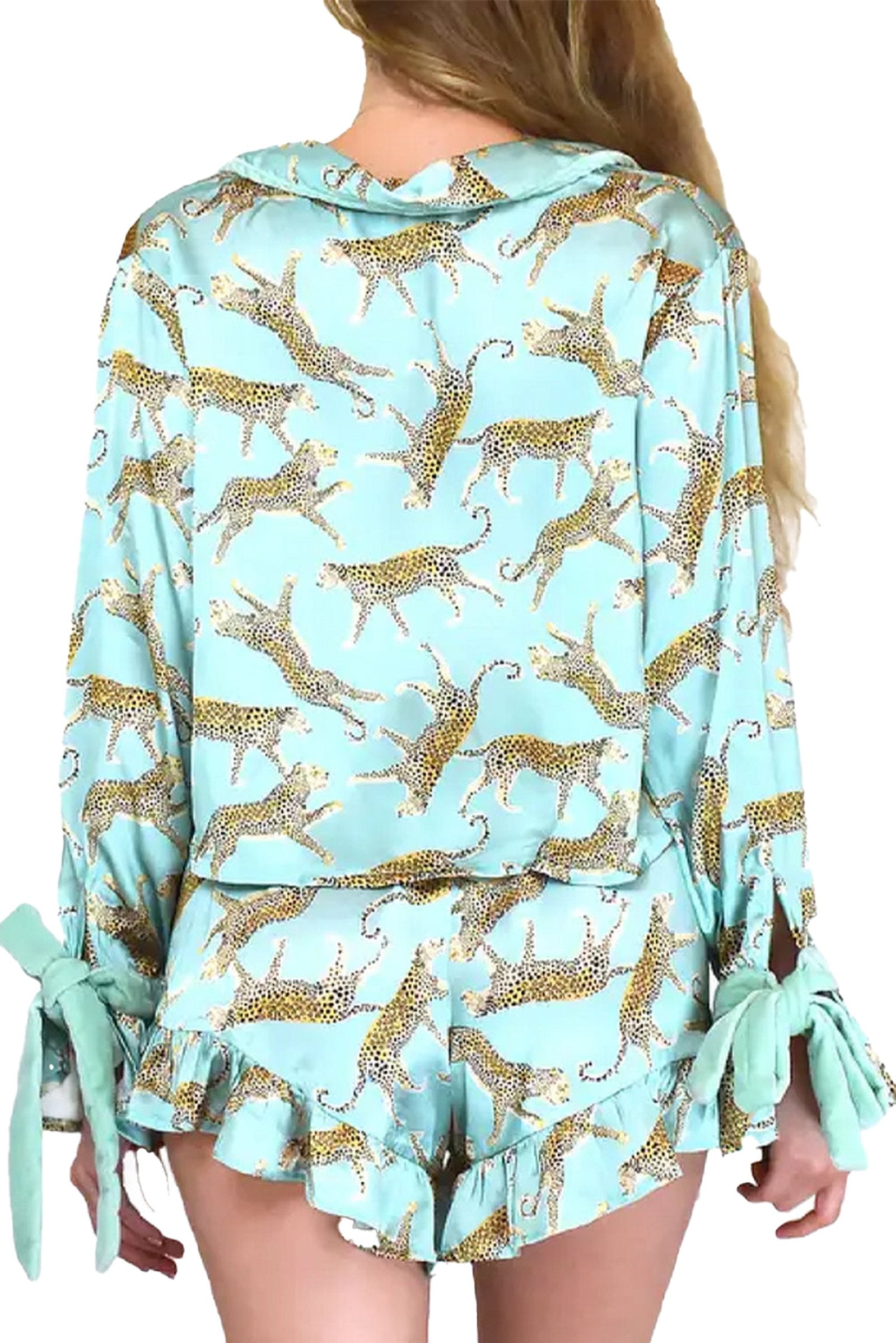 Green Leopard Satin Pajama Set For Women