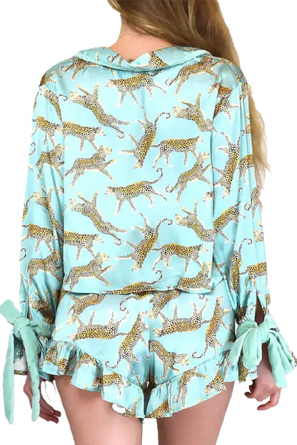 Green Leopard Satin Pajama Set For Women