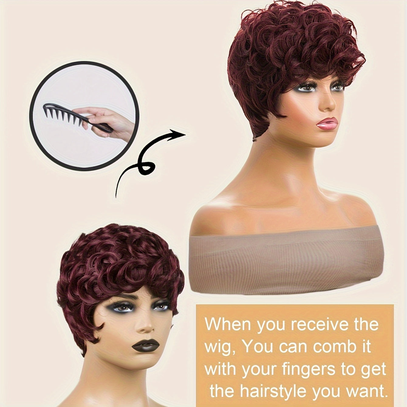 Short curly pixie cut wig in burgundy color, styled for a trendy look with finger-combing instructions