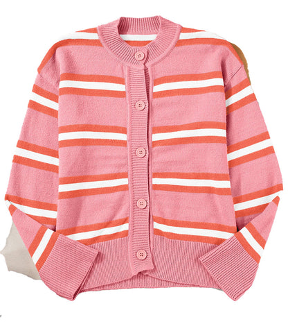 Pink Striped Cardigan Sweater For Women