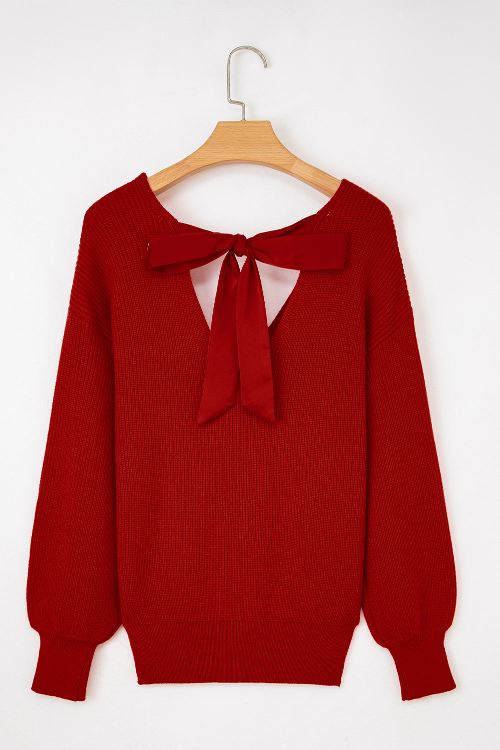 Red Lantern Sleeve Sweater With Bow Detail