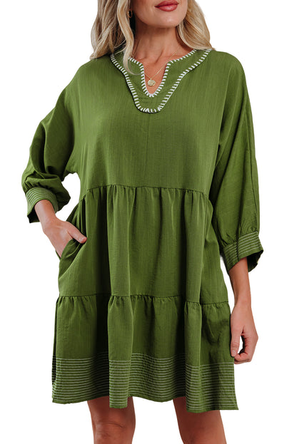 Jungle Green Mini Dress, Flowy Tiered V-Neck