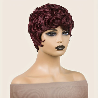 Short curly pixie cut wig in deep burgundy color perfect for stylish and chic looks